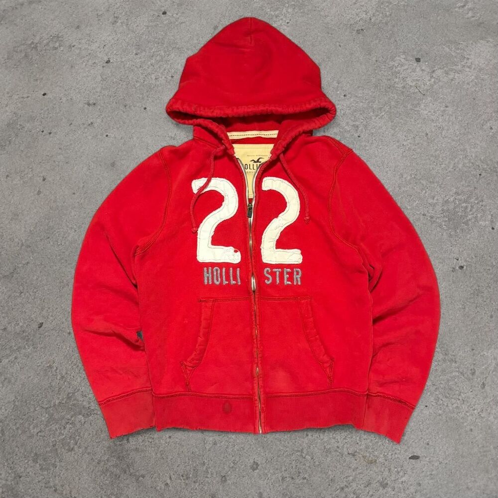 Y2K Hollister 2000s #22 Applique Red Zip Hoodie Mens Size XL